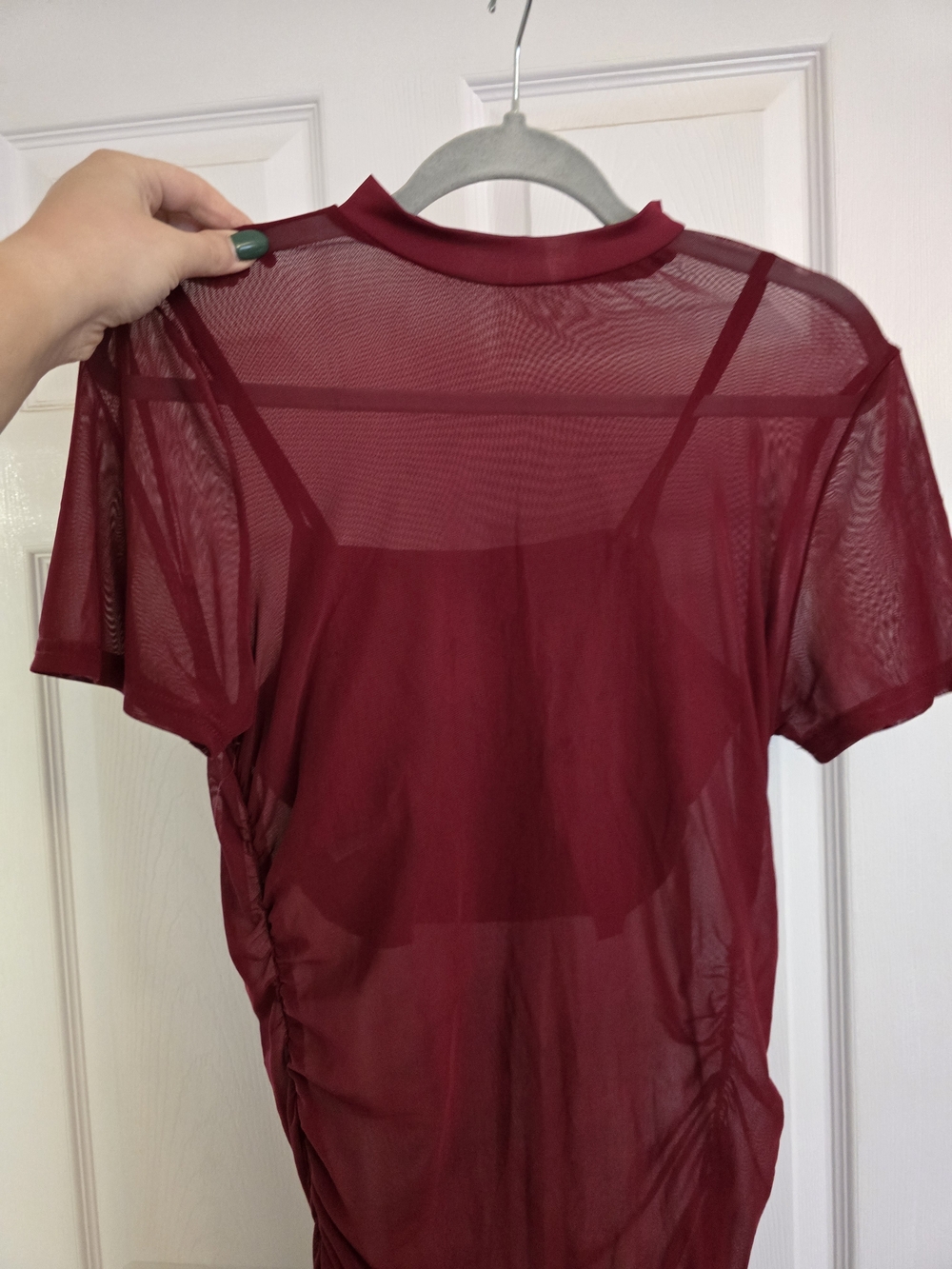 Sheer Burgundy Mesh Short Sleeve Midi Dress